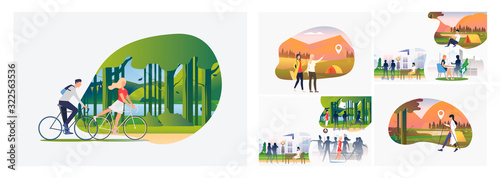 Set of adventure travel illustrations. Flat vector illustrations of people resting in city, hiking, walking with Nordic sticks outdoors. Activity concept for banner, website design or landing web page