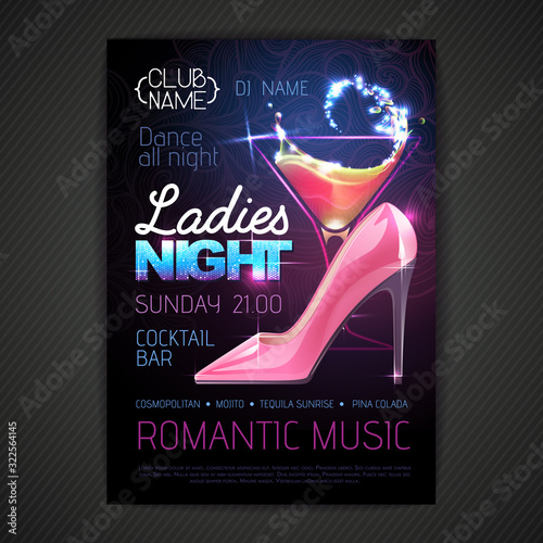 Disco ball background. Disco party poster ladies night with cocktail. Womens day party