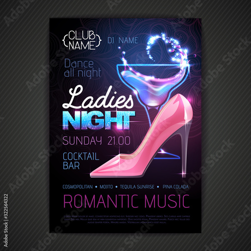 Disco ball background. Disco party poster ladies night with cocktail. Womens day party