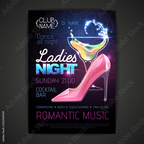 Disco ball background. Disco party poster ladies night with cocktail. Womens day party