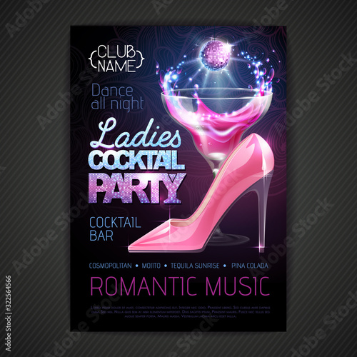 Disco ball background. Disco poster ladies cocktail party. Womens day party