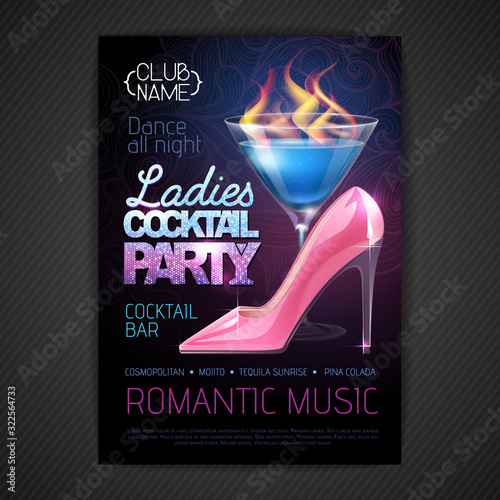 Disco ball background. Disco poster ladies cocktail party. Womens day party