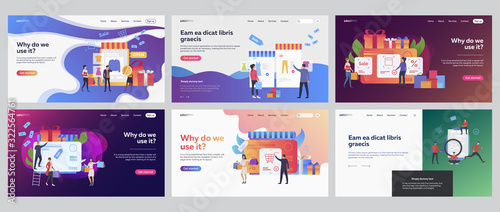 Buying at sale set. Customers shopping online, using gift cards, voucher, discount. Flat vector illustrations. Business, retail marketing concept for banner, website design or landing web page