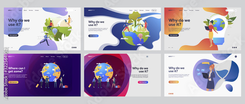 Eco project set. Tourists setting pointers at map, planting trees outdoors. Flat vector illustrations. Planet care, ecology concept for banner, website design or landing web page