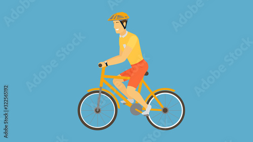 Man riding bicycle. Cute sportsman isolated on blue background. Male bicyclist taking part in sports race. Concept of cycling, healthy outdoor activity. Flat cartoon vector illustration