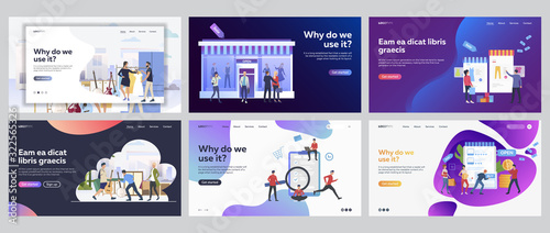 Shopping online and offline set. Customers buying at garage sale, fashion boutique, internet store. Flat vector illustrations. Business, commerce concept for banner, website design or landing web page