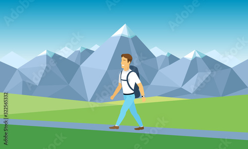Happy man in jeans with backpack, traveller or explorer rises, goes to the mountain top in summer. Concept of discovery, exploration, hiking, adventure tourism and travel. Flat vector illustration