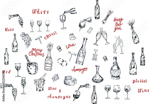 Wine, champagne bottle, glasses, lettering big drink set . Isolated vector design elements on white background. Concept for menu, logo, print, cards 