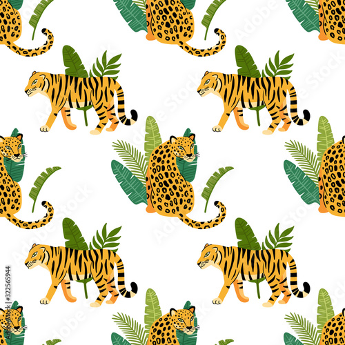 Seamess pattern with leopard, tiger, tropical palm leaves. Beautiful animal print design for home decor, textile, packaging, wrapping paper etc. Modern vector illustration.