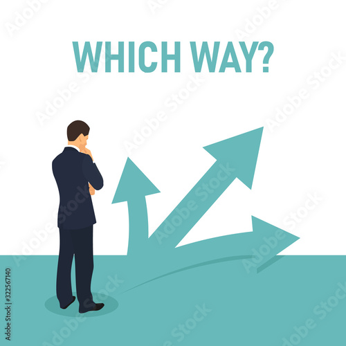 Standing businessman choosing direction. Business decision making concept. Career choice. Three way sign. Risk taking and management. Corporate entrepreneurship - Flat vector background illustration.