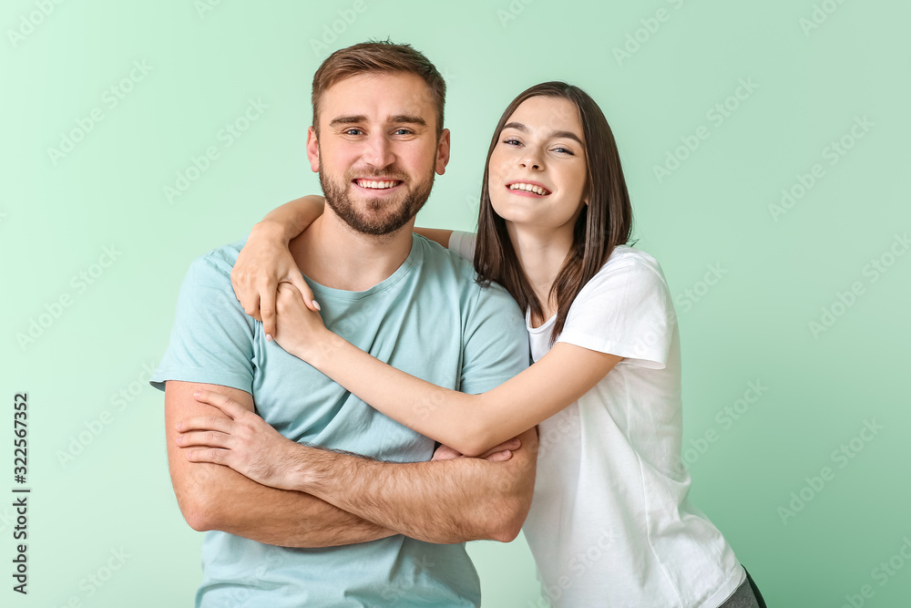 Happy friends on color background Happy friends on color background