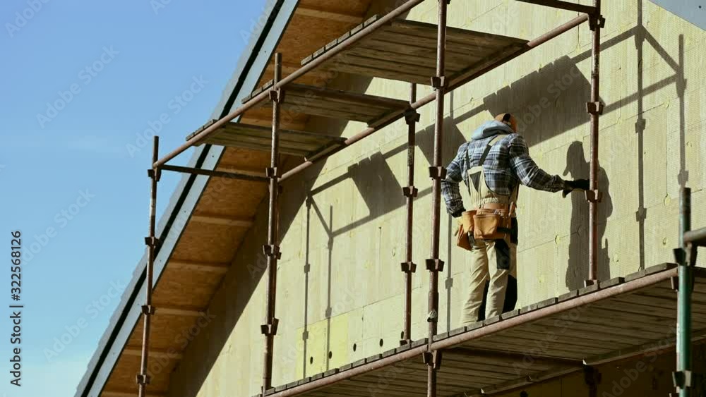 custom made wallpaper toronto digitalConstruction Worker Finishing House Side Wall Insulating. Mineral Wool Attaching.