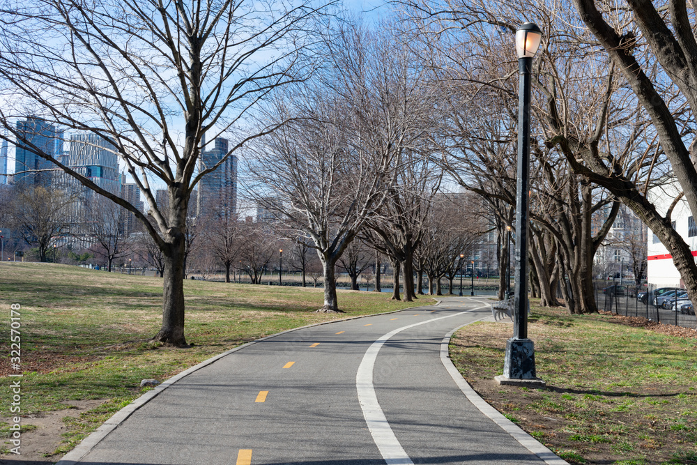 Empty Trail at Rainey Park in Astoria Queens New York with Bare Trees