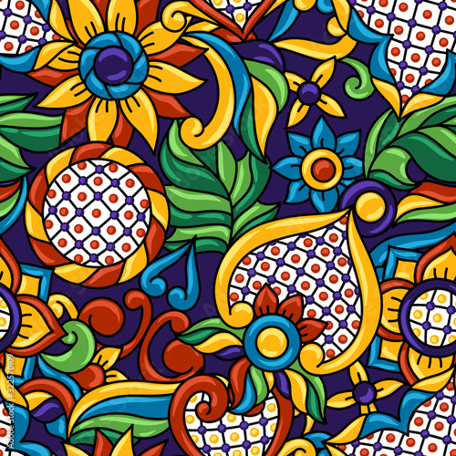 Mexican talavera seamless pattern. Decorative background with ornamental flowers.