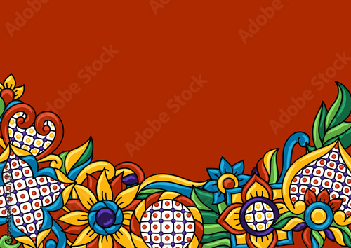Background with mexican talavera pattern. Decoration with ornamental flowers.