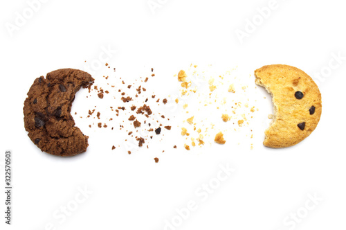 Chocolate chip cookies isolated on white background in Top view.