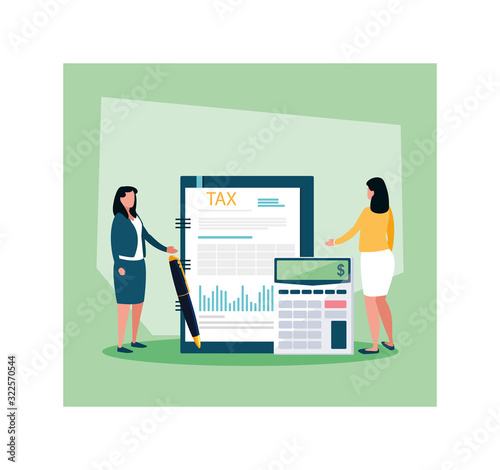 businesswomen in tax day with icons