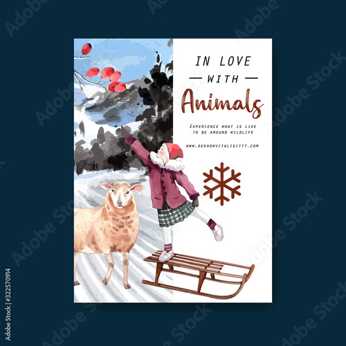Winter animal poster design with girl, sheep, rickshaw watercolor illustration.