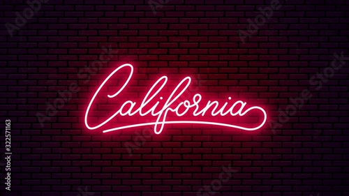 California neon lettering signboard. Glowing red text for for the name of bar, club, etc. Ready inscription for neon sign form. California, neon logo design.