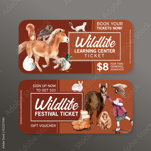 Winter animal voucher design with horse, deck, girl watercolor illustration.