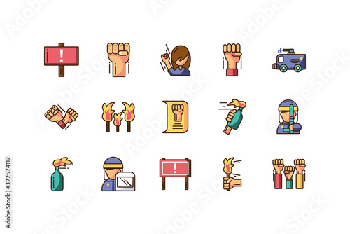 protest concept of icons set, colorful fill style