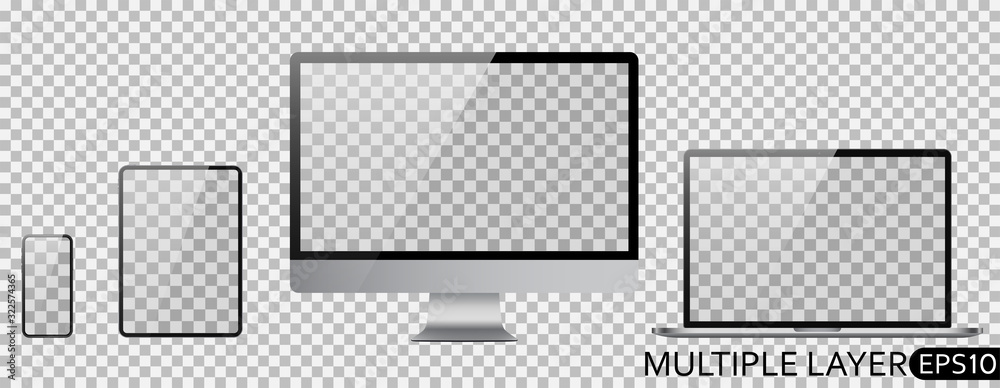 Computer, laptop, tablet, martphone on an isolated background with a blank screen. Device layouts are easy to edit
