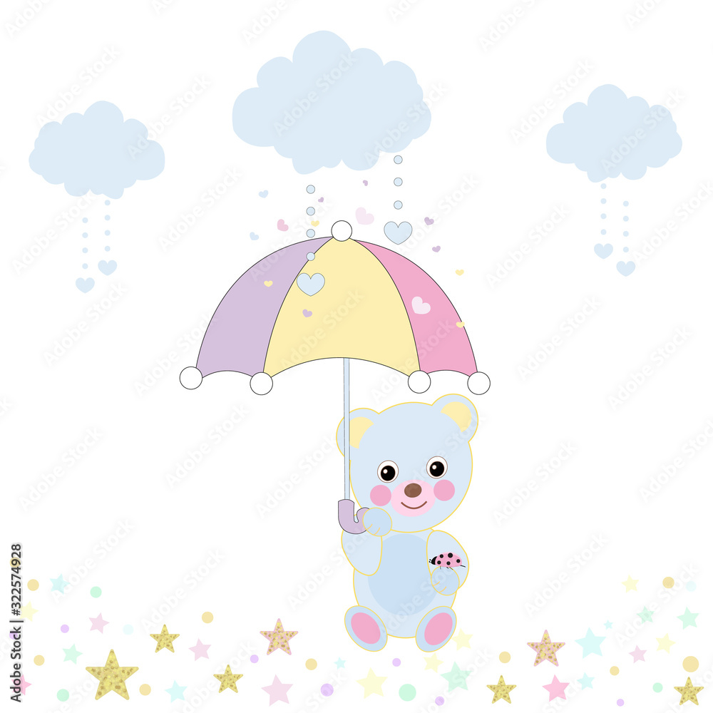 Baby shower greeting card with teddy bear, umbrella, cloud and stars greeting card. Baby first birthday, t-shirt, baby shower, baby gender reveal party design element vector