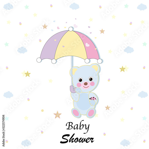 Baby shower greeting card with teddy bear, umbrella and stars greeting card. Baby first birthday, t-shirt, baby shower, baby gender reveal party design element vector background