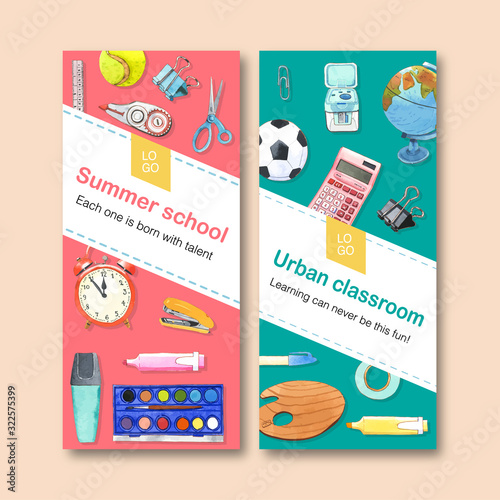 School flyer design with calculator, clock watercolor illustration.