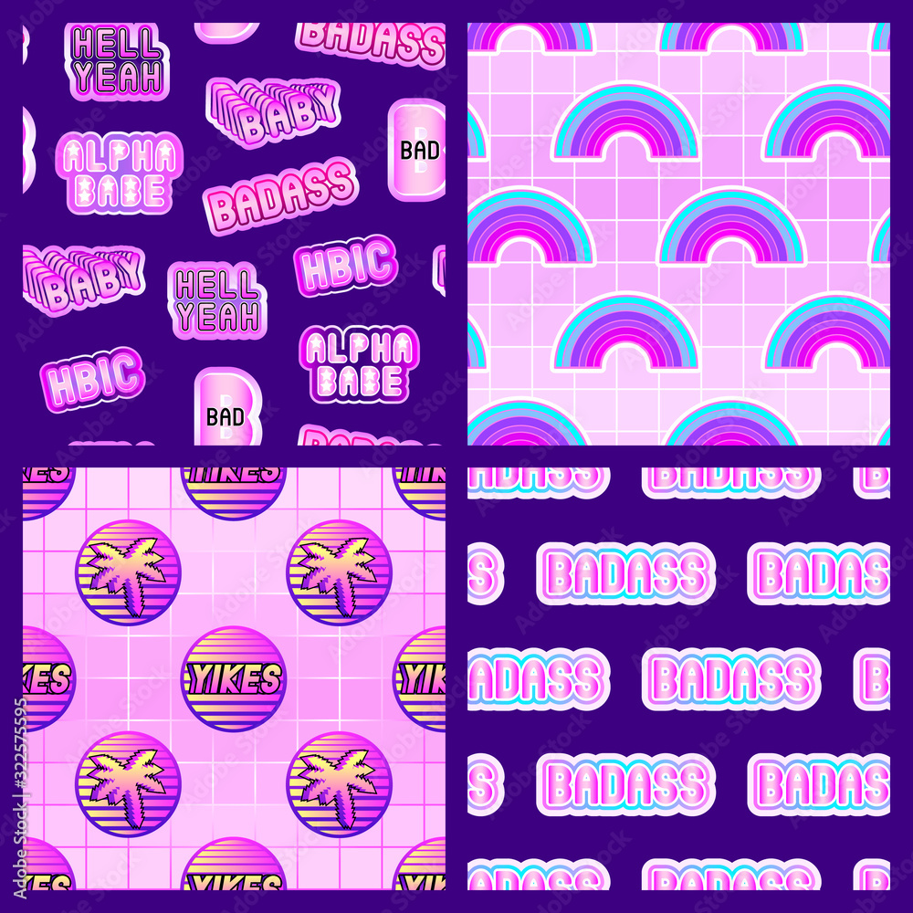 Set of 4 seamless patterns with text, word patches. Vector wallpapers