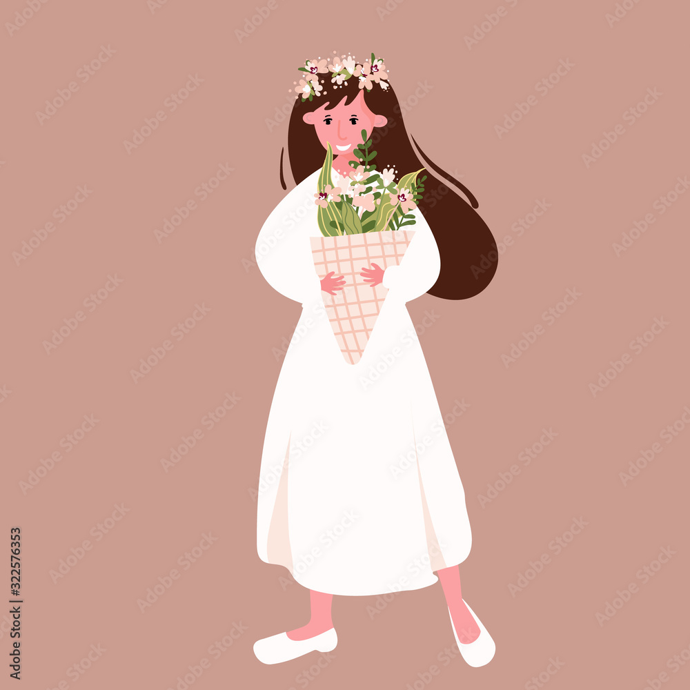 Cute bride with wedding bouquet of field flowers. Brunette in white dress with flowers in the hair. Vector flat illustration with coffee background for invitation card.