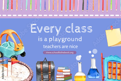 School frame design with notebook, sandbox watercolor illustration.