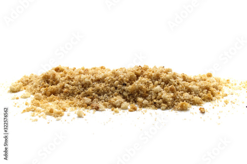 Pile of Chocolate chip cookies crumbs and broken isolated on white background. Sweet biscuits delicious and crunchy homemade pastry.