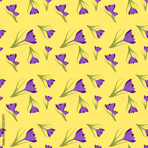  Seamless pattern with flat spring crocuses isolated on yellow background in vector