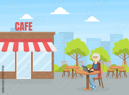 Senior Woman Sitting in Cafe and Using Laptop, Elderly People Active Lifestyle Vector Illustration