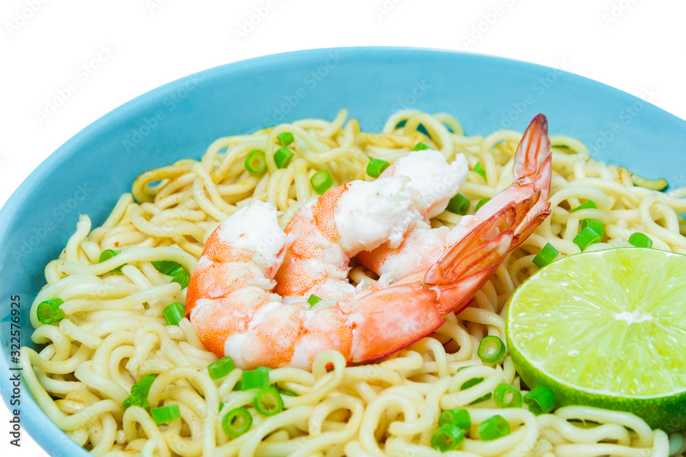 Bowl of instant noodles and shrimps isolated on white background. Food concept. Bowl of instant noodles and shrimps isolated on white background. Food concept.