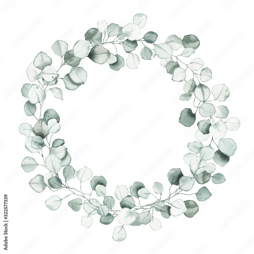 Watercolor eucalyptus wreath round frame with silver dollar dusty green leaf plant herb spring flora isolated on white background. Botanical greenery illustration for wedding invitation card design Watercolor eucalyptus wreath round frame with silver dollar dusty green leaf plant herb spring flora isolated on white background. Botanical greenery illustration for wedding invitation card design