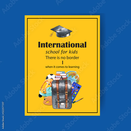 School poster design with mortar board, cart, globe watercolor illustration.