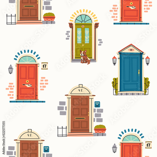 Retro vintage Front Doors. Brick wall. Lamp on a wall. Windows. Sitting bulldog. House Exterior. Home Entrance. Hand drawn colored vector seamless pattern