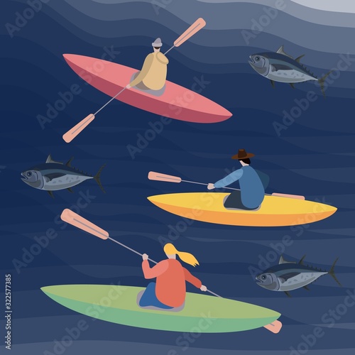 set of kayaks and canoe