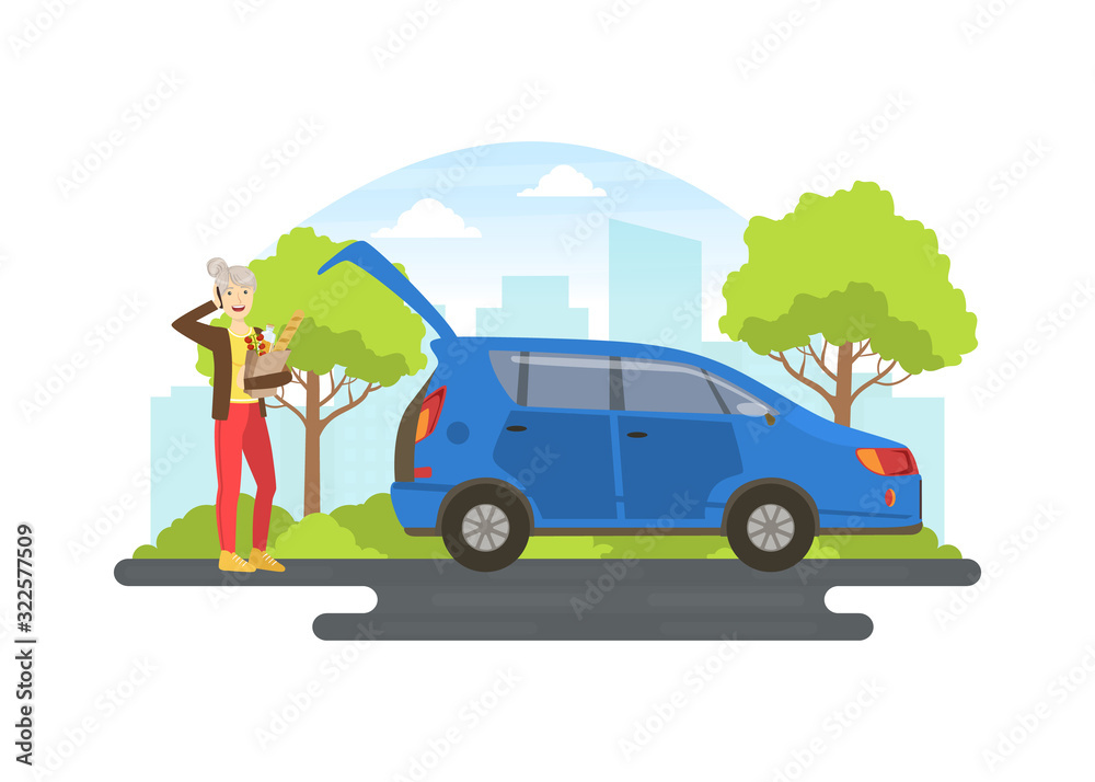 Cheerful Senior Woman with Bag of Groceries Standing Next to Her Car and Talking on the Phone, Elderly People Active Lifestyle Vector Illustration