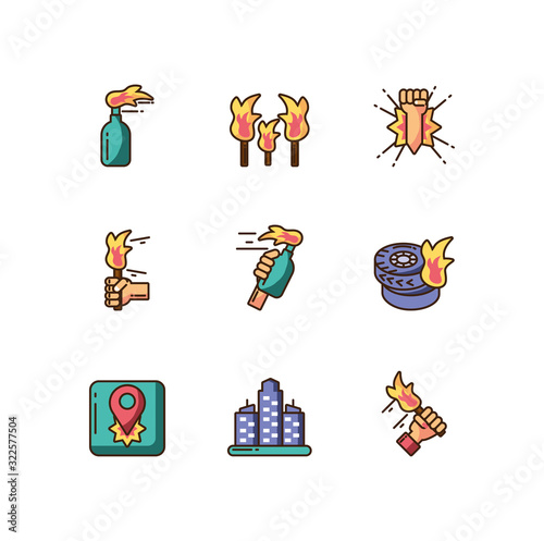 protest cartoon icons set, colorful fill style