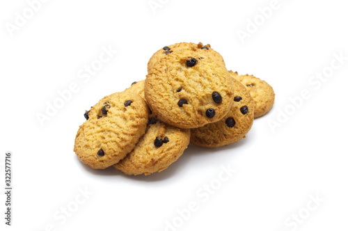 Chocolate chip cookies on white background. Pile of sweet biscuits delicious and crunchy homemade pastry.