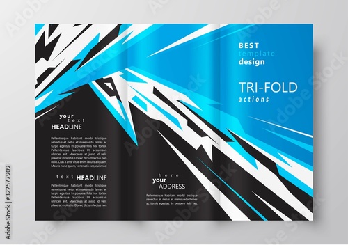 Tri-fold abstract action lightning blue color design template cover brochure