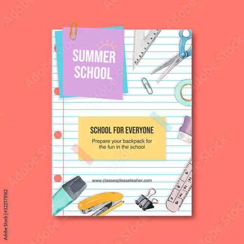 School poster design with post it, clip, stapler watercolor illustration.