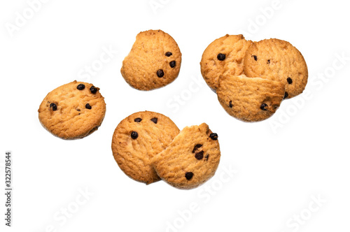 Chocolate chip cookies and cracks isolated on white background. Sweet biscuits delicious and crunchy homemade pastry.