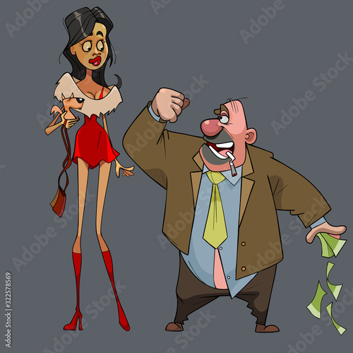 cartoon man with money is angry at the beauty with a dog