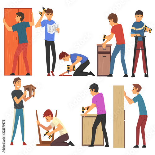 Men Assembling and Installing New Furniture Set, Manual Furniture Assembly Vector Illustration