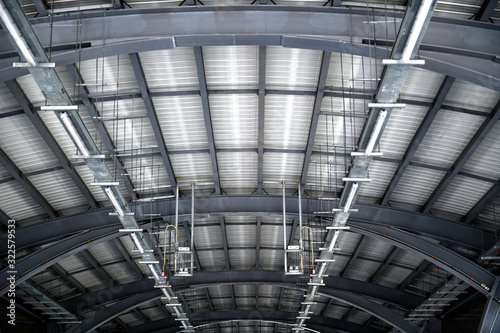 Structural steel roof in train station