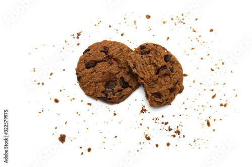 Chocolate chip cookies and crumbs on white background and Top view.